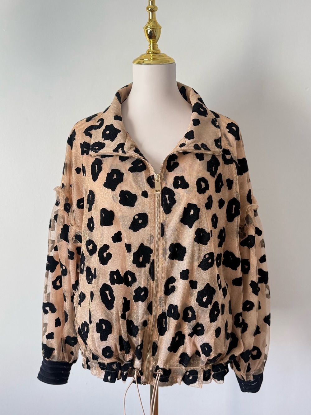 Berek See Through Leopard Size M Bomber Jacket Beige Black Golden Metallic